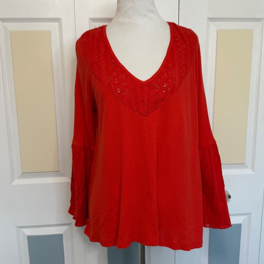 Free People Red Tunic‎ Top Blouse S V Neck Long Bell Sleeve Eyelet Boho